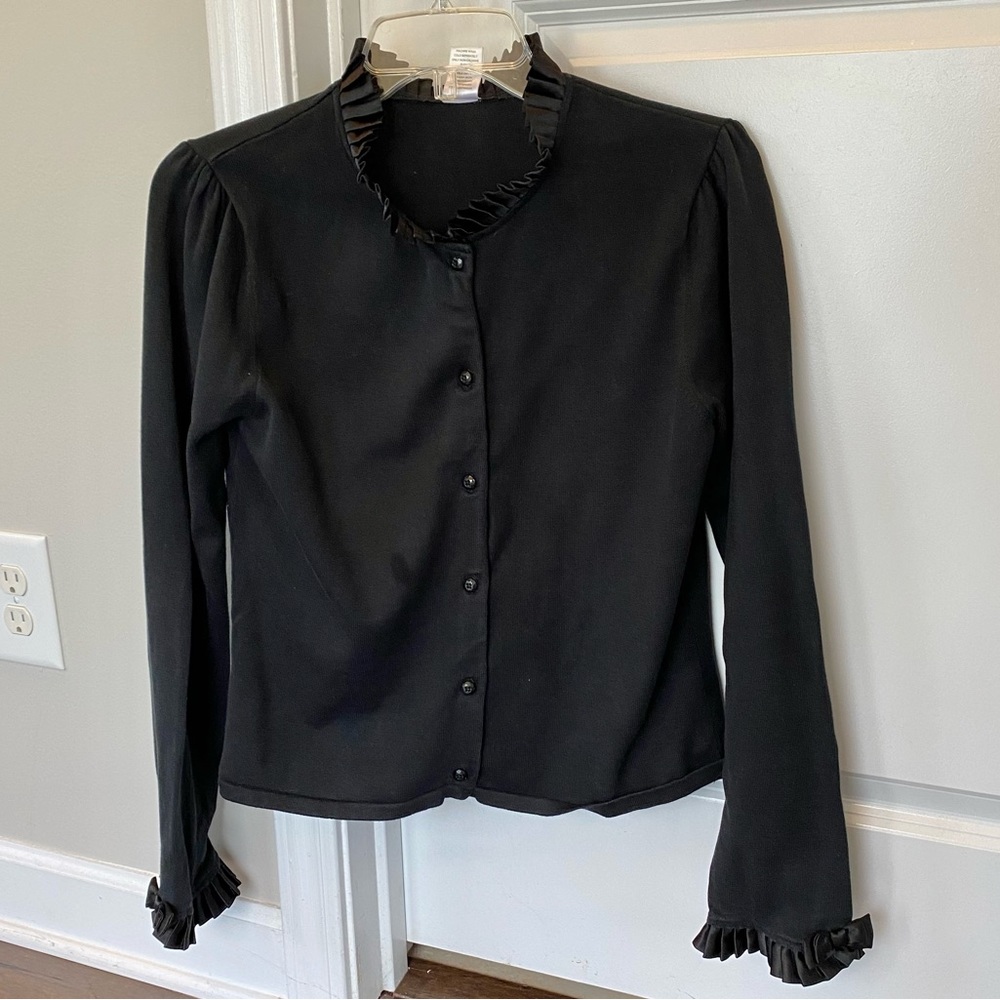 Gymboree Mom Ladies Black Cardigan Sweater Ruffled Satin Trim M